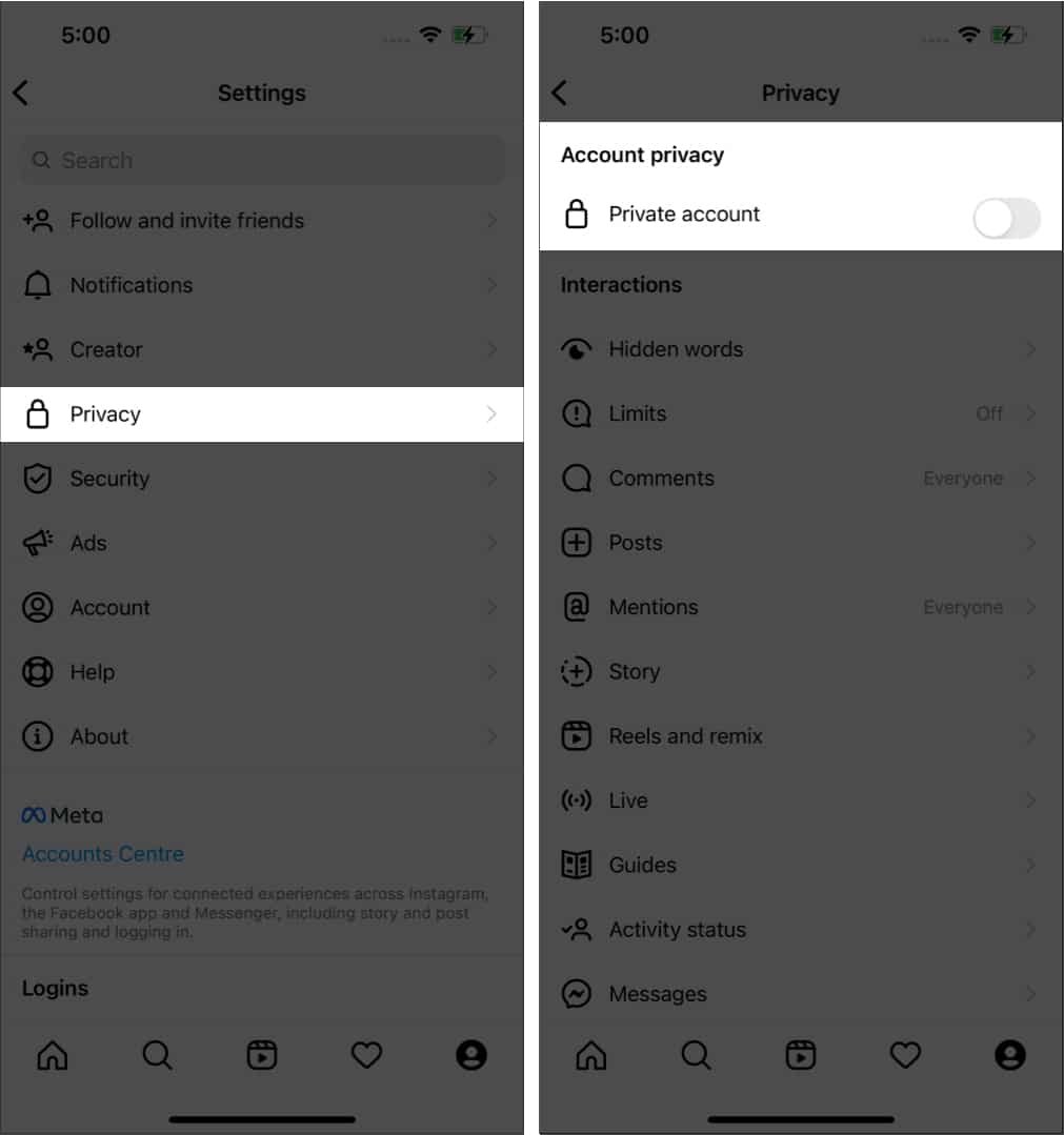 turn on private account toggle on instagram on iPhone