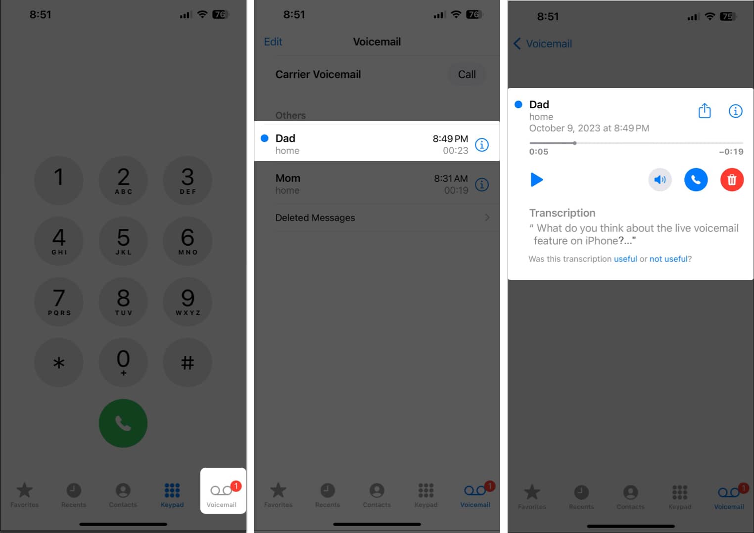 view older live voicmail transcription
