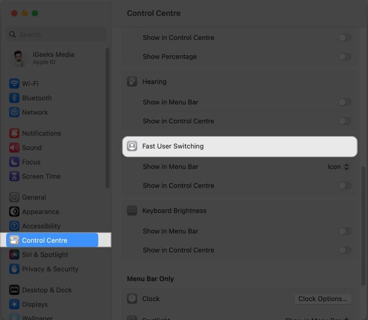 Access control centre, fast user switching in system settings