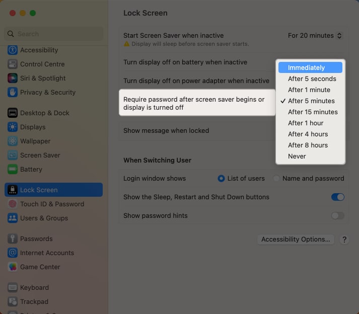 Beside Require password after screen saver begins or display is turned off and select Immediately