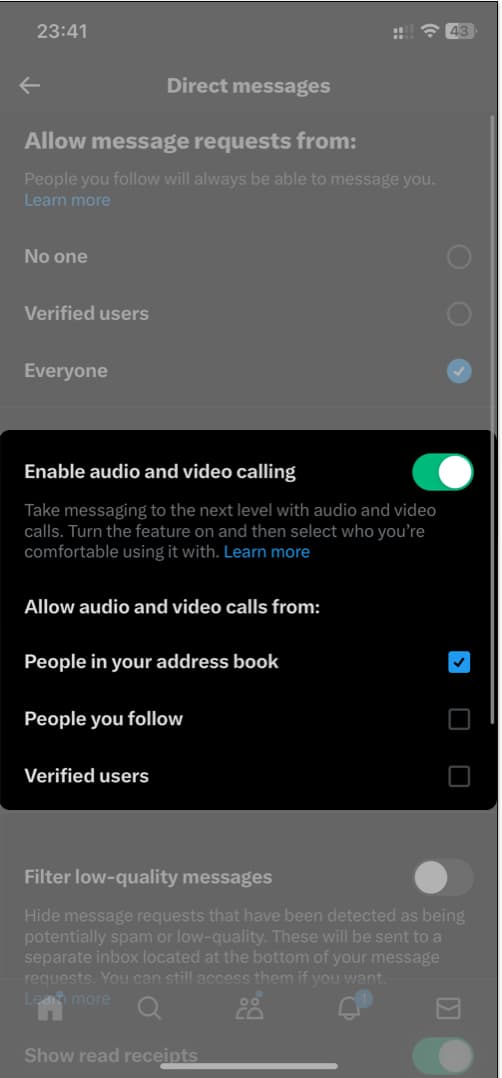 Check for appropriate boxes to toggle on Enable audio and video calling