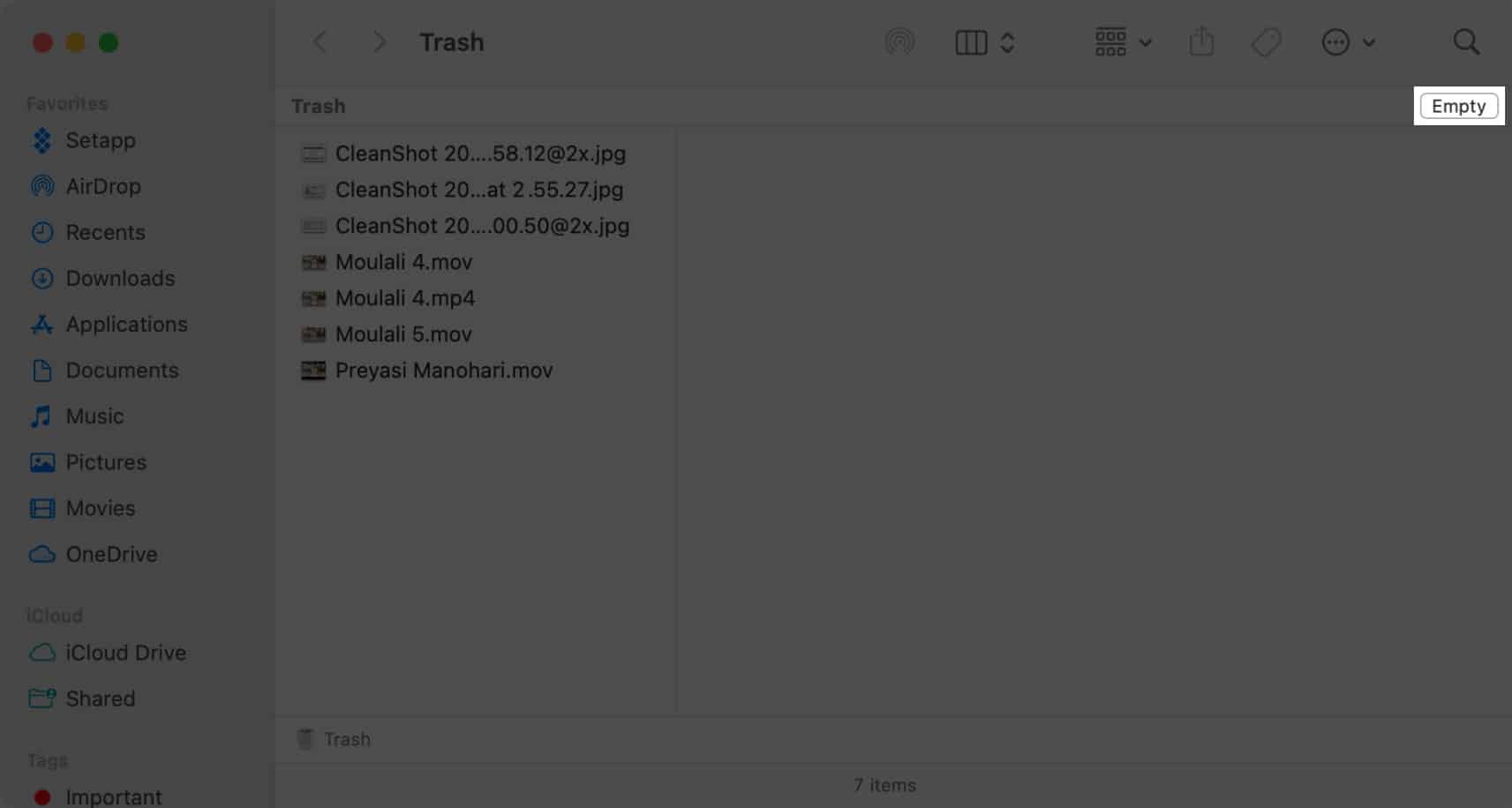 Klik pilihan Kosongkan Sampah dalam apl Sampah dalam macOS