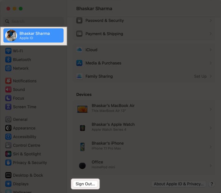 Click your name on top of the left pane and scroll down and pick Sign Out