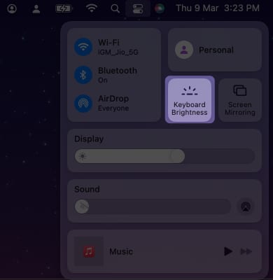 Control Center, clicking the Keyboard Brightness icon