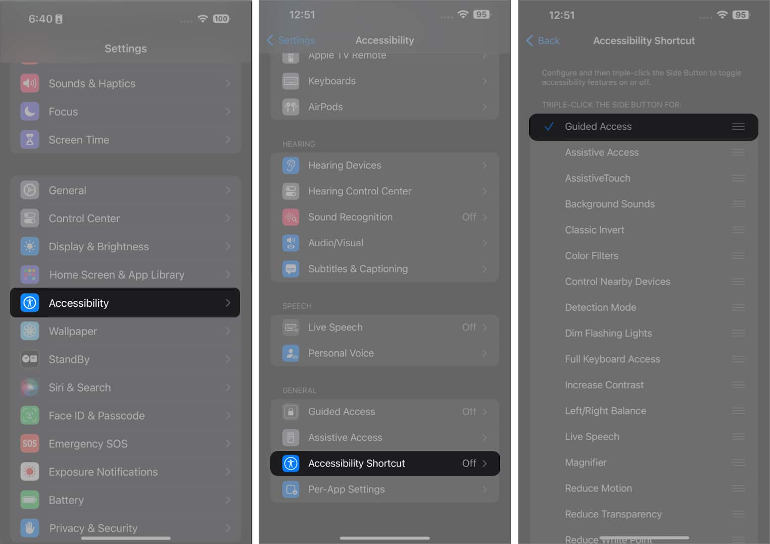 Ensure the Accessibility Shortcut for Guided Access is enabled