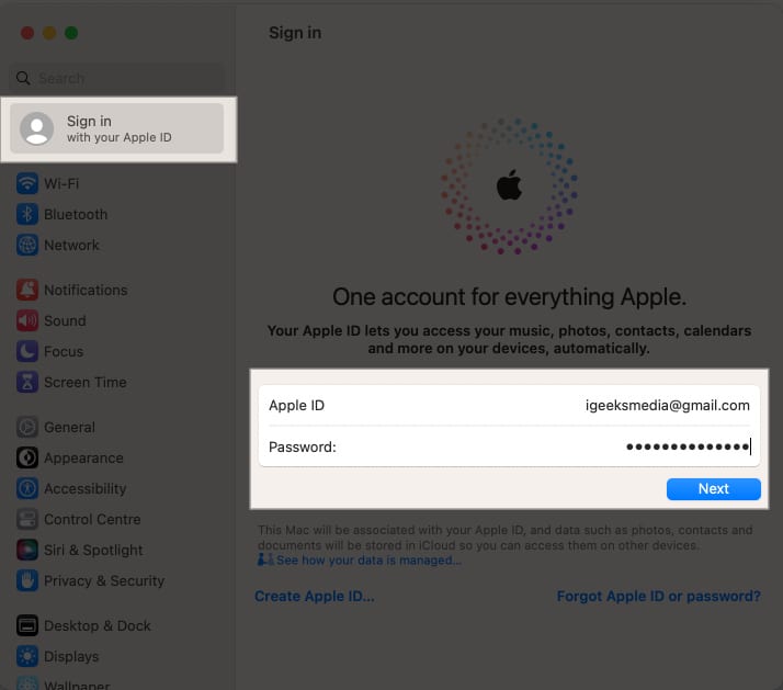 Enter your Apple ID and Password and click Next on the screen