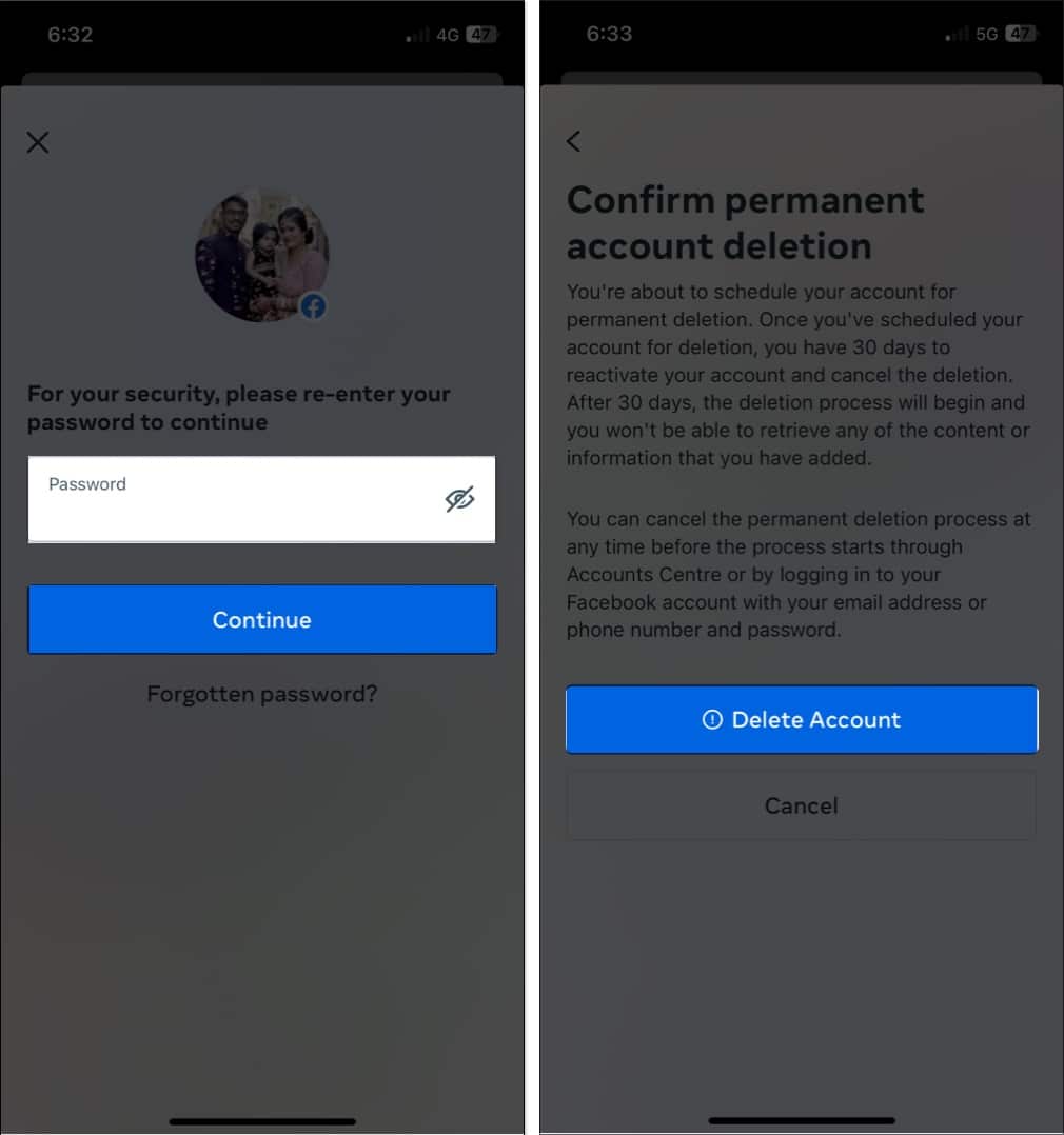 Enter password. press continue, delete account in facebook