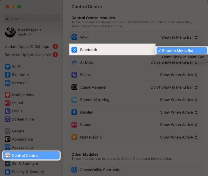 Go to Control Centre then Control Center modules, look for Bluetooth and select Show in Menu Bar