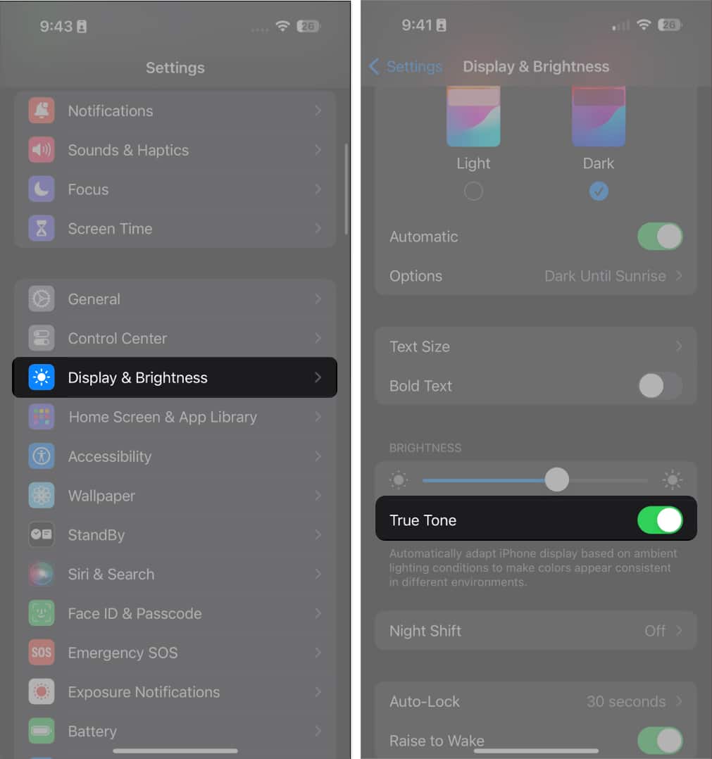 Go to Display and Brightness and toggle on Ture Tone