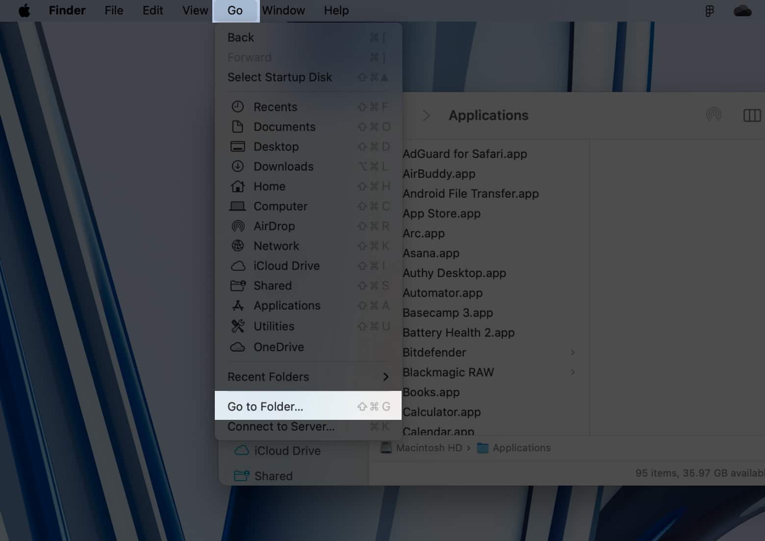 Go to Folder option in Go menu in Finder