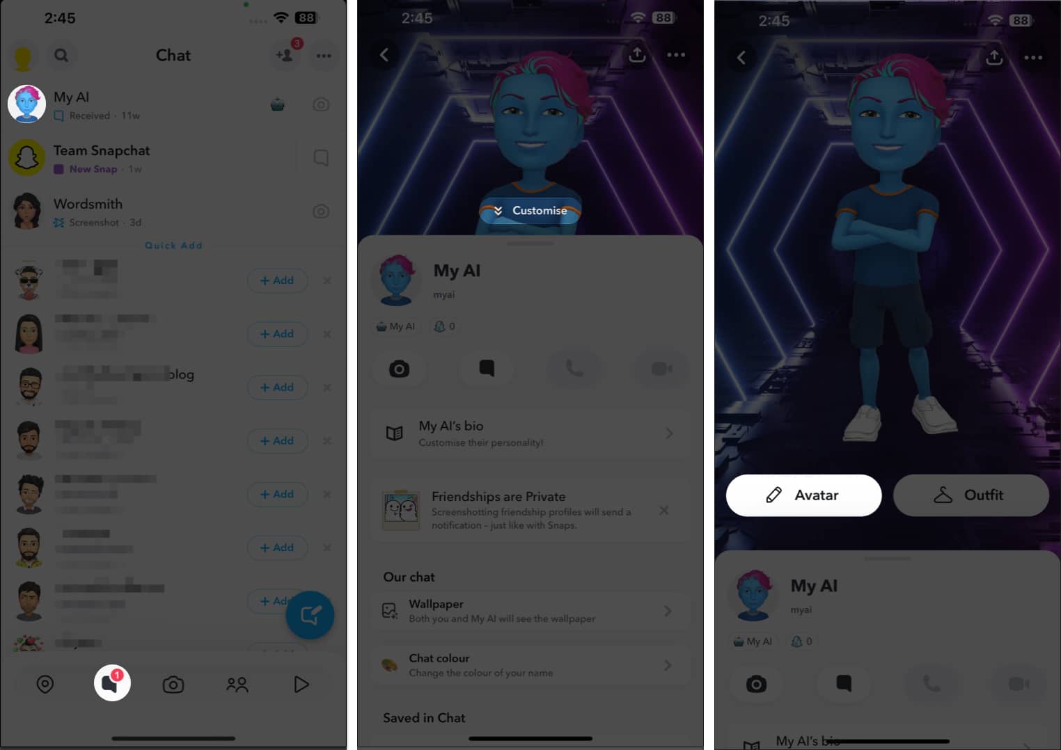 Go to chat tap profile of My AI Avatar