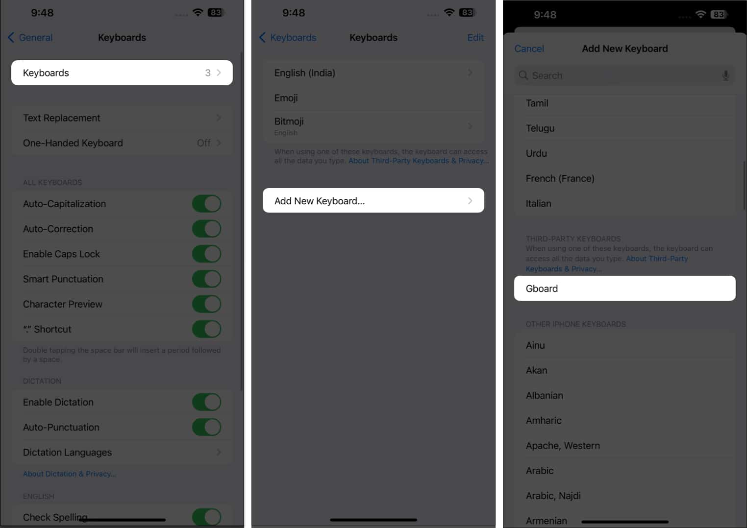 Billentyűzetek, Új billentyűzet hozzáadása, Gboard