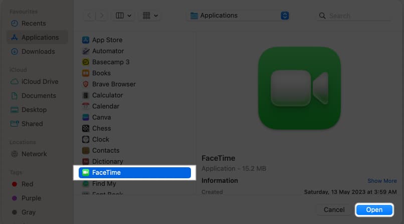 Locate and pick FaceTime and choose Open
