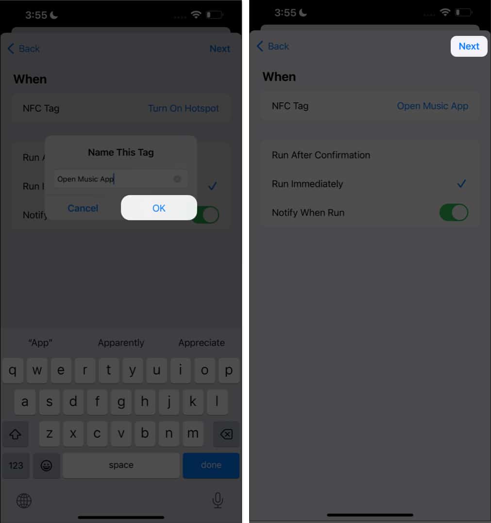 Name the NFC Tag, Tap OK, Next in Shortcuts