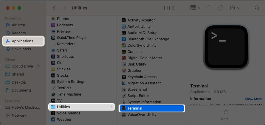 Open Finder, Applications then Utilities and Terminal