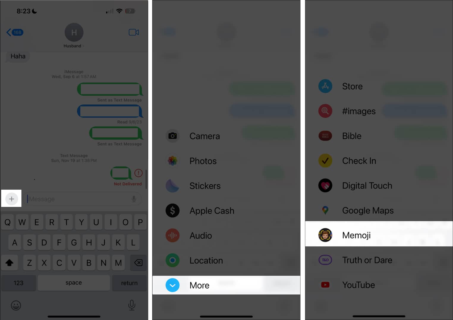 Buka apl Messages, Ketik ikon Plus dan pilih Memoji