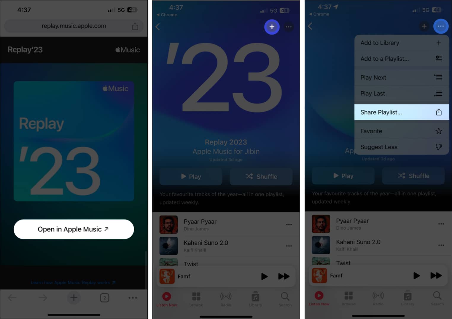 Megnyitás az Apple Music alkalmazásban, (+) ikon, hárompontos ikon, lejátszási lista megosztása