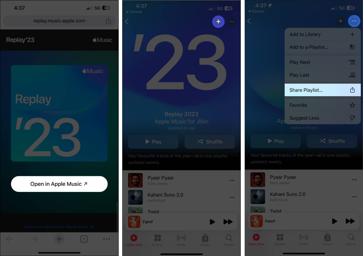 Open in Apple Music, (+) icon, three-dot icon, Share Playlist