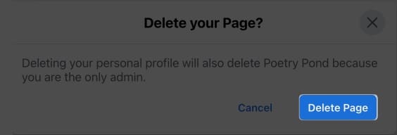 Press delete page in facebook