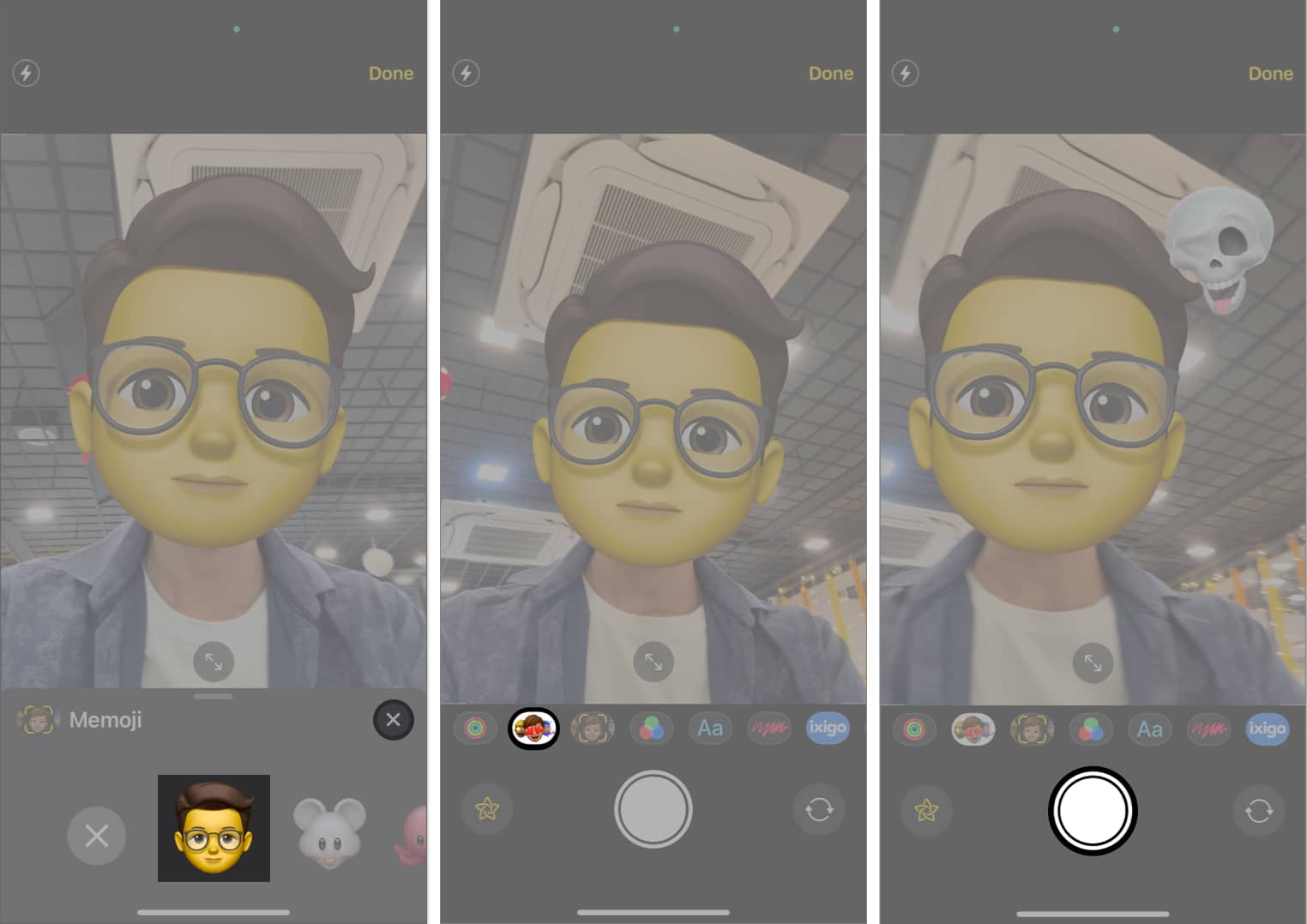 Select Memoji, Add Memoji Sticker, Tap the Shutter icon