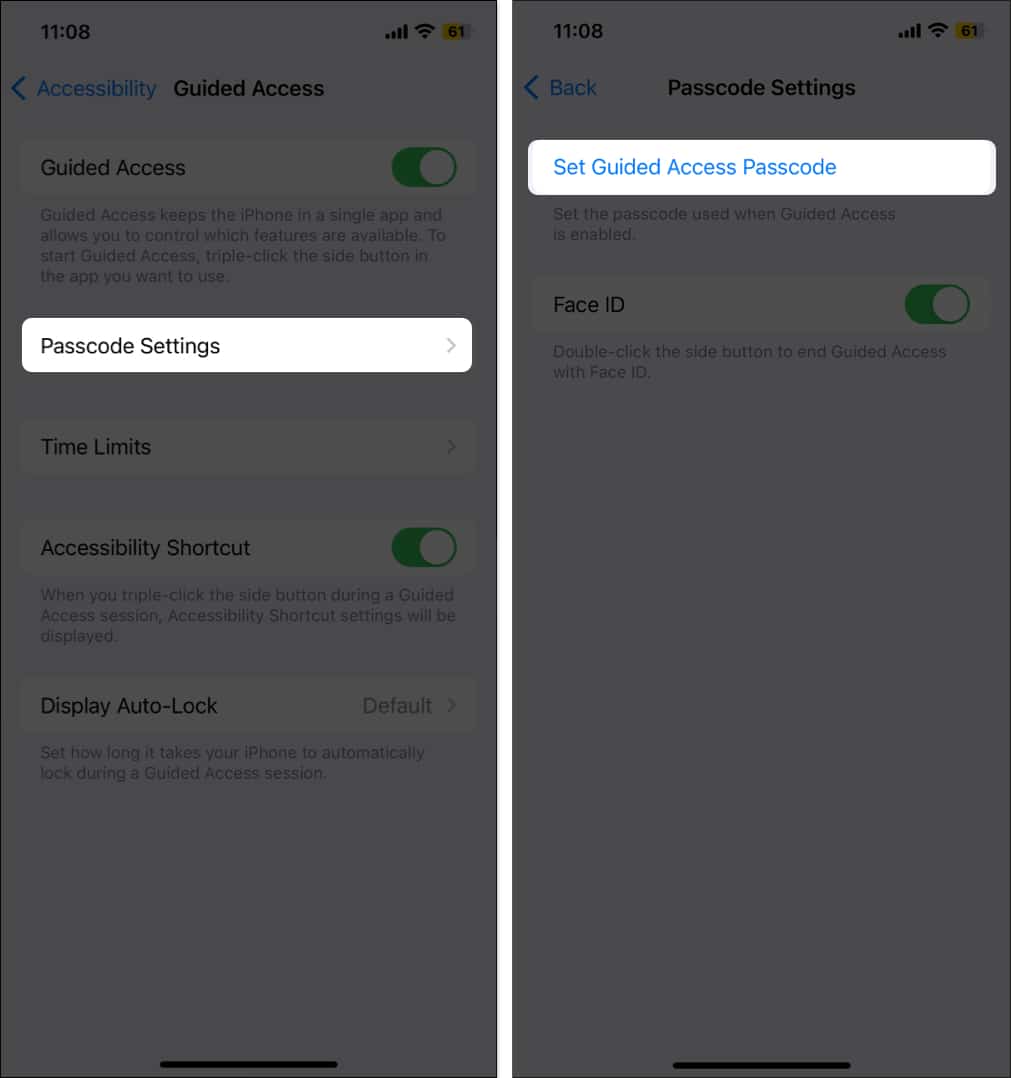 Select Passcode Settings, Tap Set Guided Access Passcode