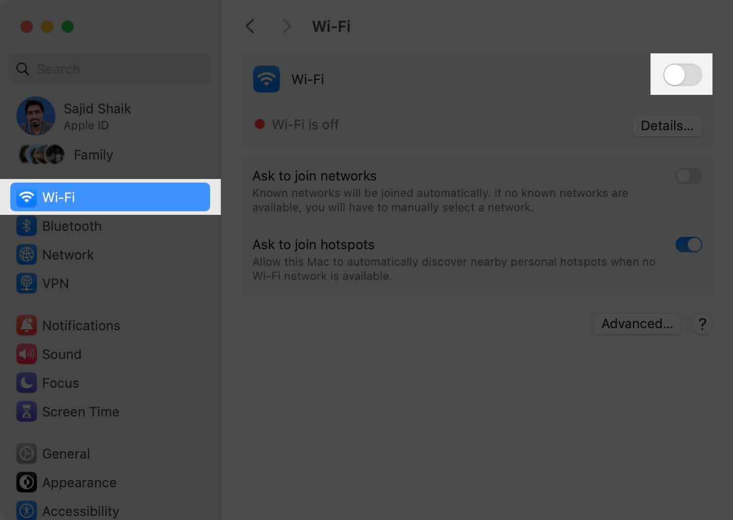 Select Wi-Fi in System Settings and turn off the Wi-Fi toggle