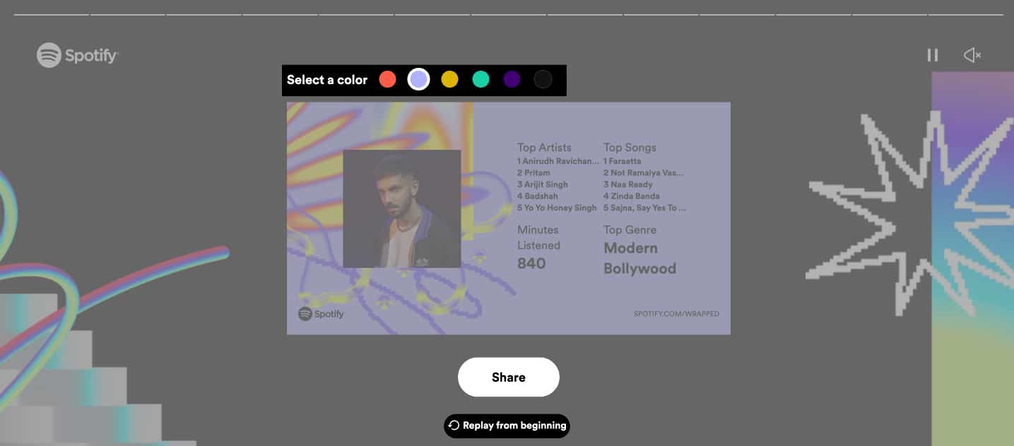 Select a color, Share or Replay from beginning