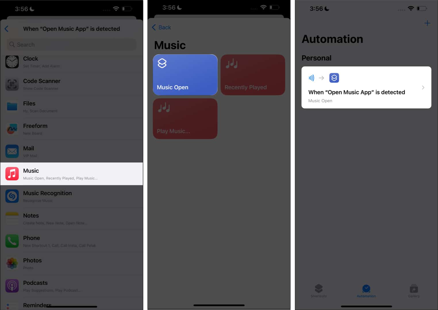 Select the action for NFC Tag in Shortcuts