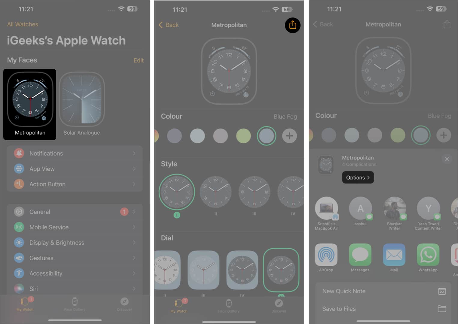 Select watch face, tap share, options