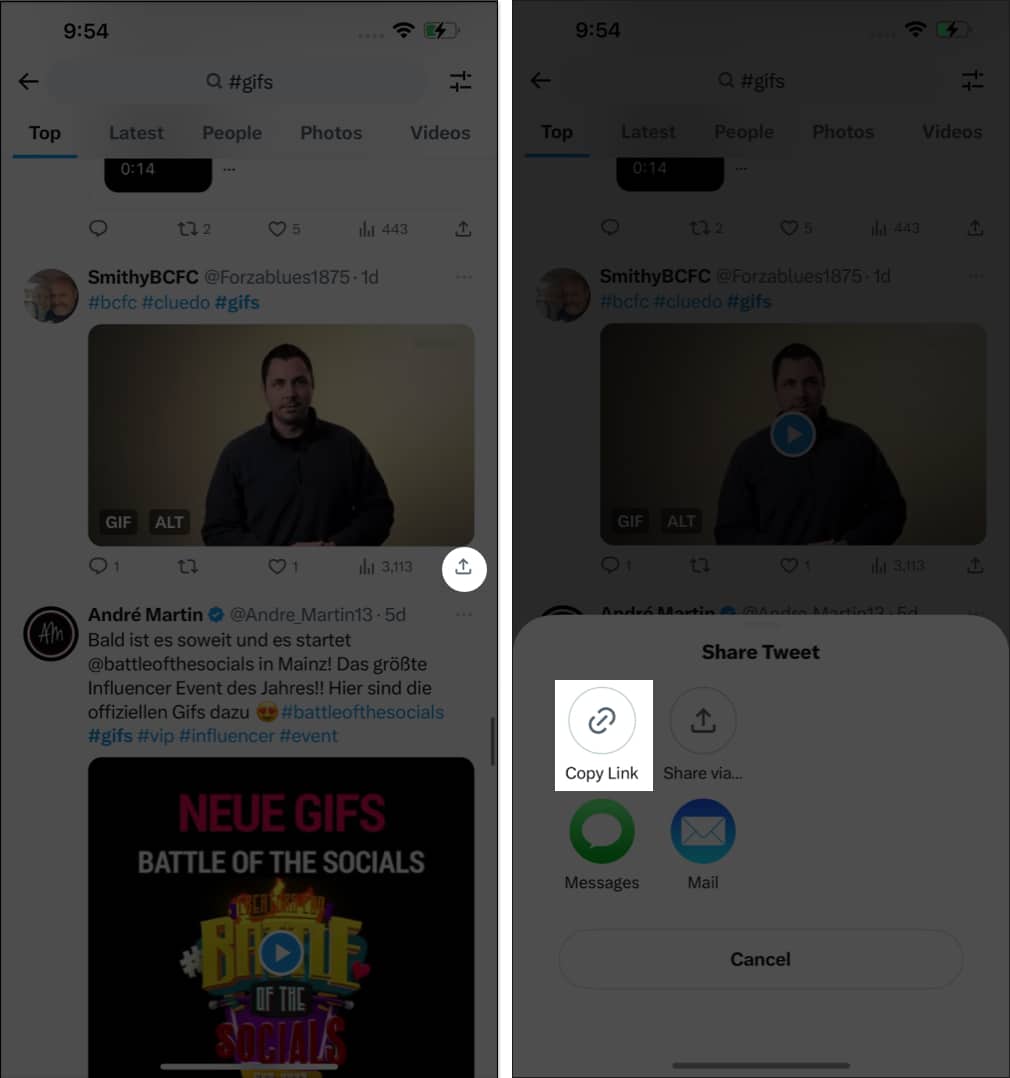 Share the GIF from twitter, tap Copy Link