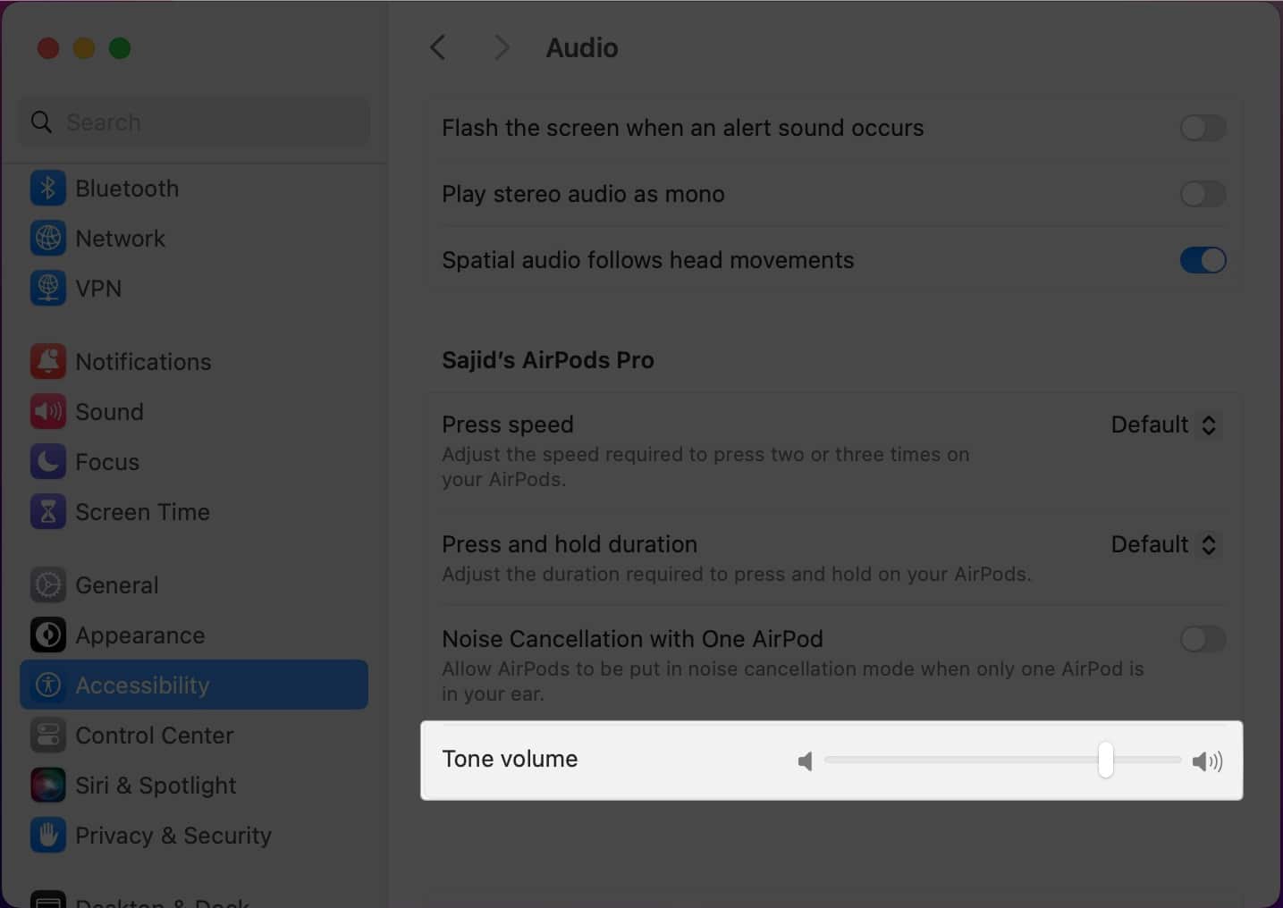 Slide the Tone Volume slider to the left to decrease the volume