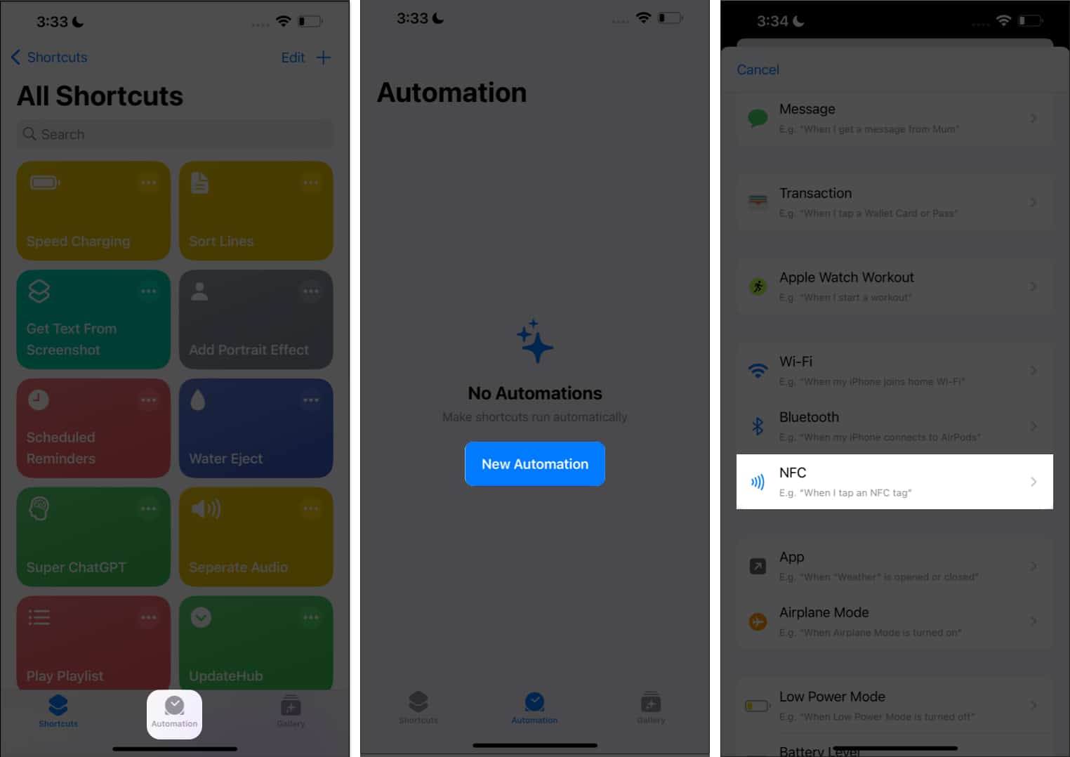 Tap Automation, New Automation, NFC in Shortcuts