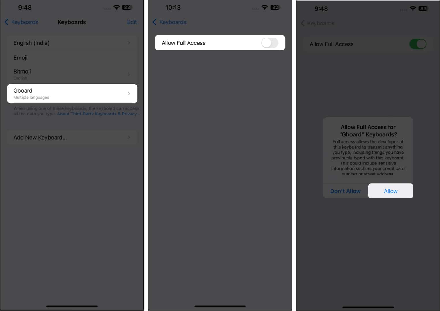 Koppintson a Gboard, Teljes hozzáférés engedélyezése, engedélyezése lehetőségre