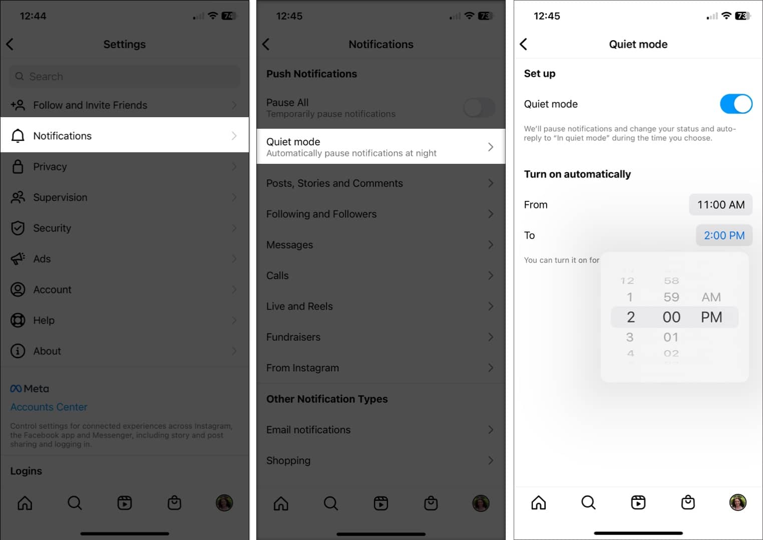 Tap Notifications select Quiet Mode Turn on the toggle next to Quiet Mode tap the time to the right of From to pick the start time