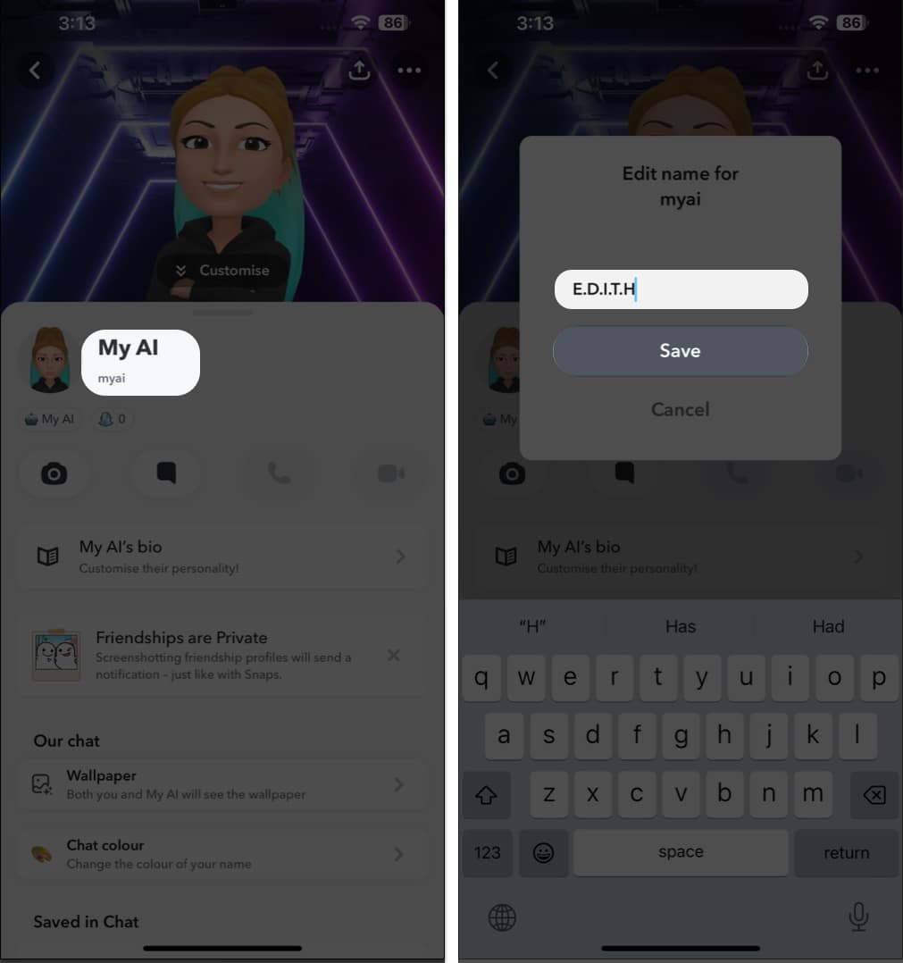 Tap the name rewrite the name save