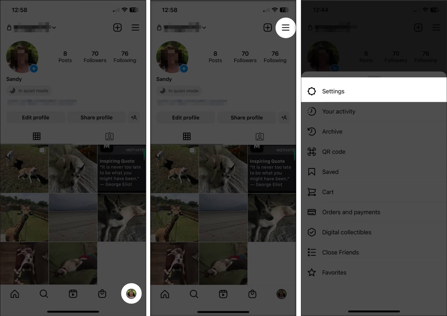 To turn on Quiet Mode on Instagram, open the Instagram app, tap your profile picture, Select the hamburger menu, pick Settings
