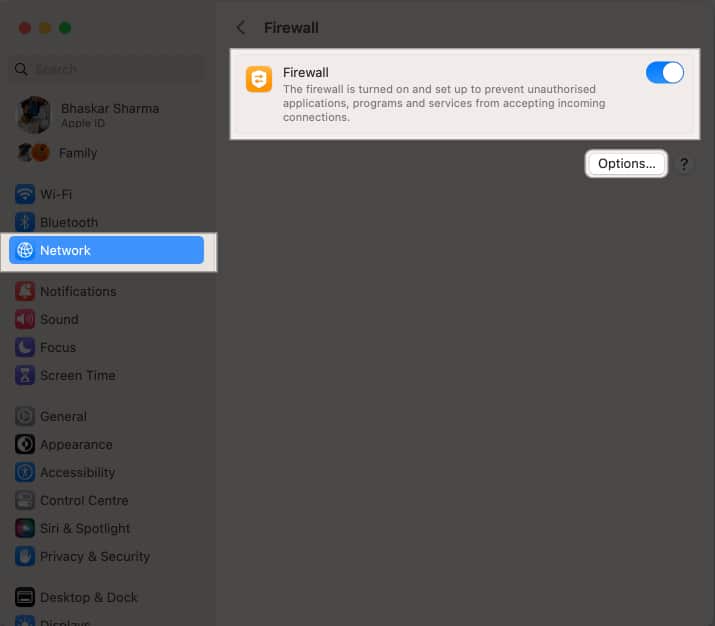 Toggle on Firewall and click Options