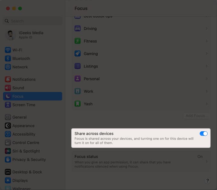 Toggle on share across all devices in focus mode