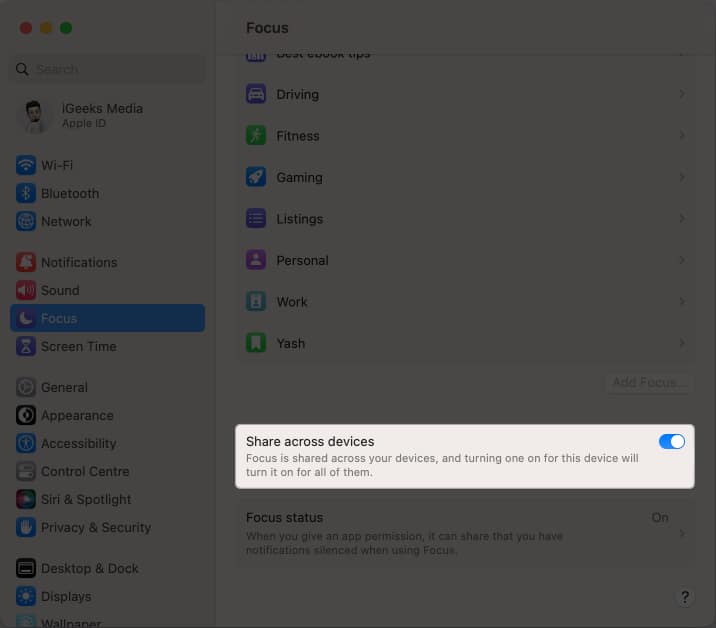 Toggle on share across all devices in focus mode