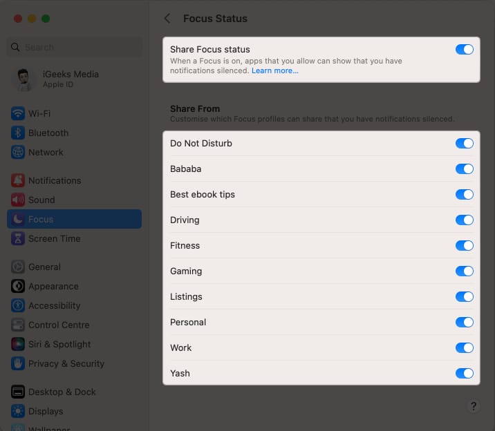 Toggle on share focus status in focus mode