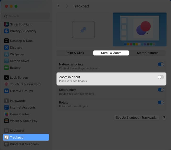 Turn off Zoom in or out for Trackpad