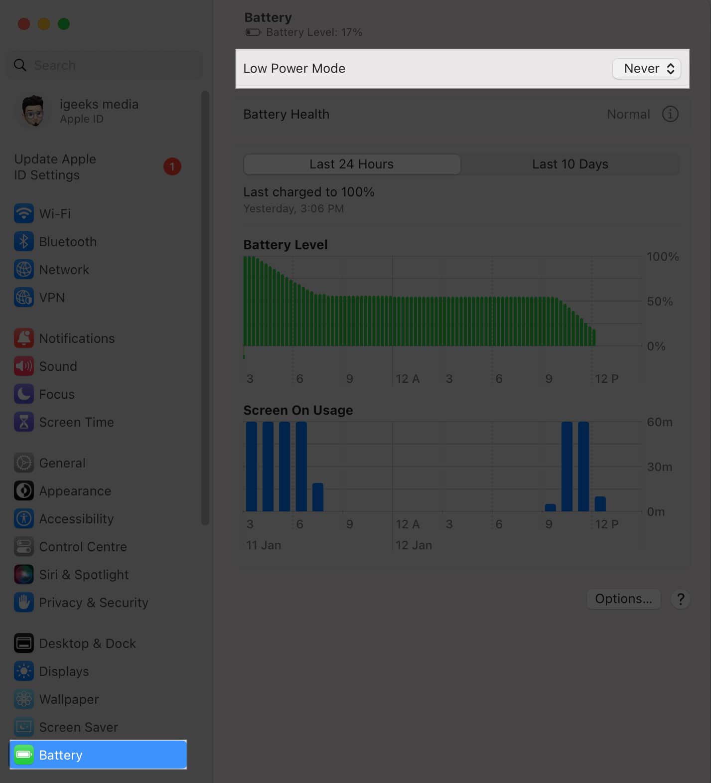 click battery, select never in low power mode in system settings