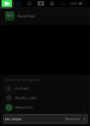 click facetime icon from menubar select mic mode 