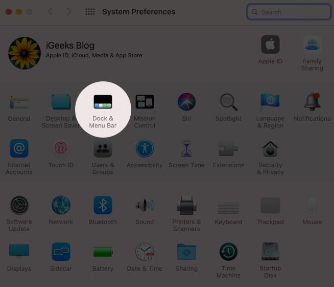 Click on Dock  Menu Bar in System Preferences on Mac