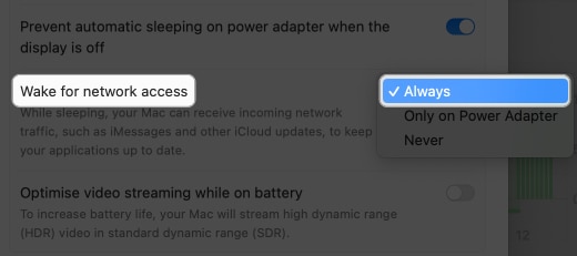 click the drop-down beside wake for network access and select always in battery settings