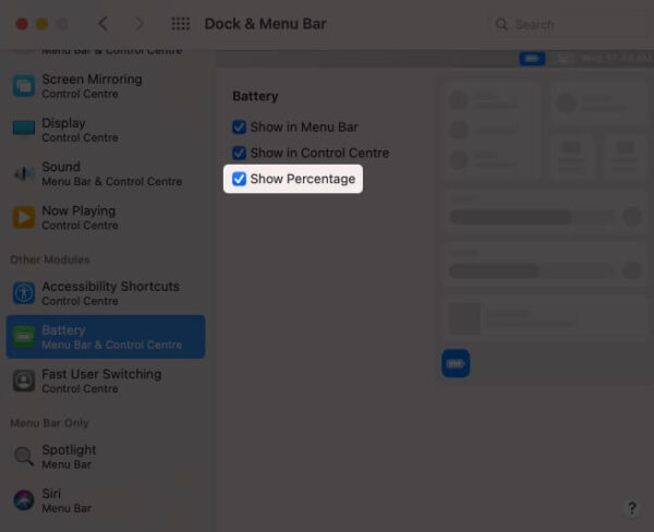 Enable option to get battery percentage on menu bar in macos big sur