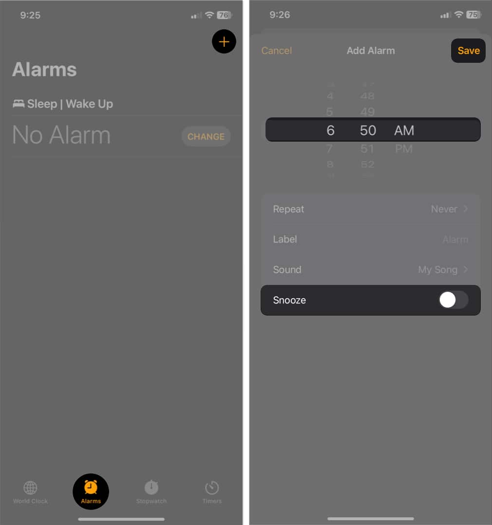 go to alarms, tap the plus icon, set a time, toggle off snooze, tap save in clock