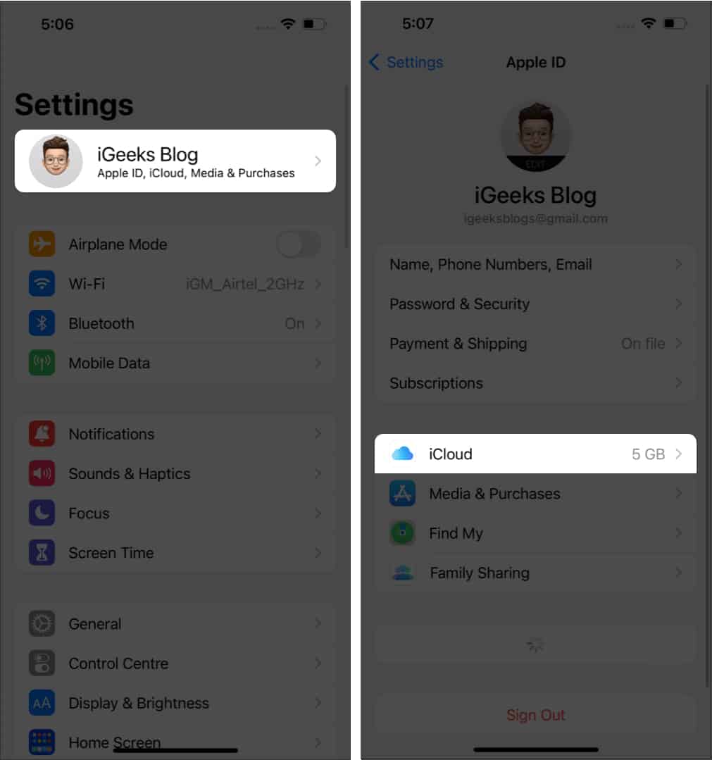 open Apple ID and tap iCloud