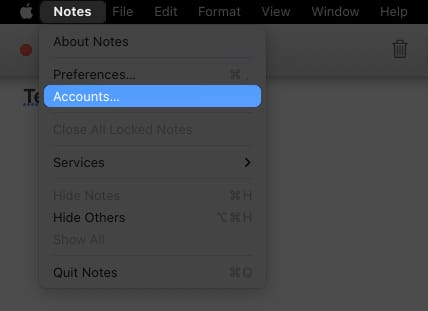 select account option from Notes menu