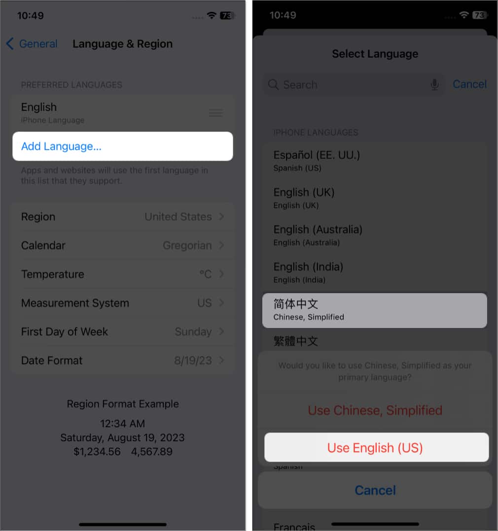 tap add language, select a language, tap use system language in settings